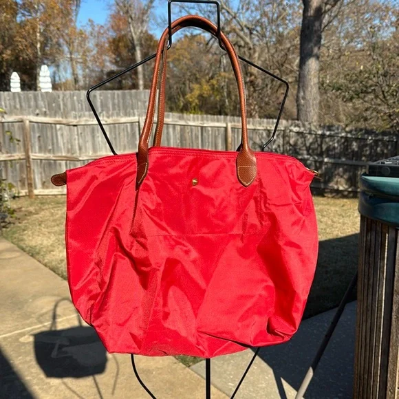 Longchamp Red Orange Le Pliage Large Tote Leather Trim - Picture 2 of 11